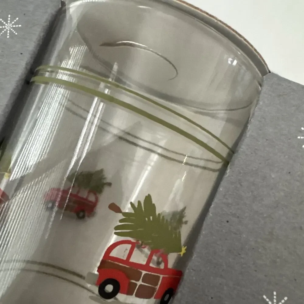 Pottery Barn Christmas Woody Car Juice Glasses Set of 4 Holiday Glassware